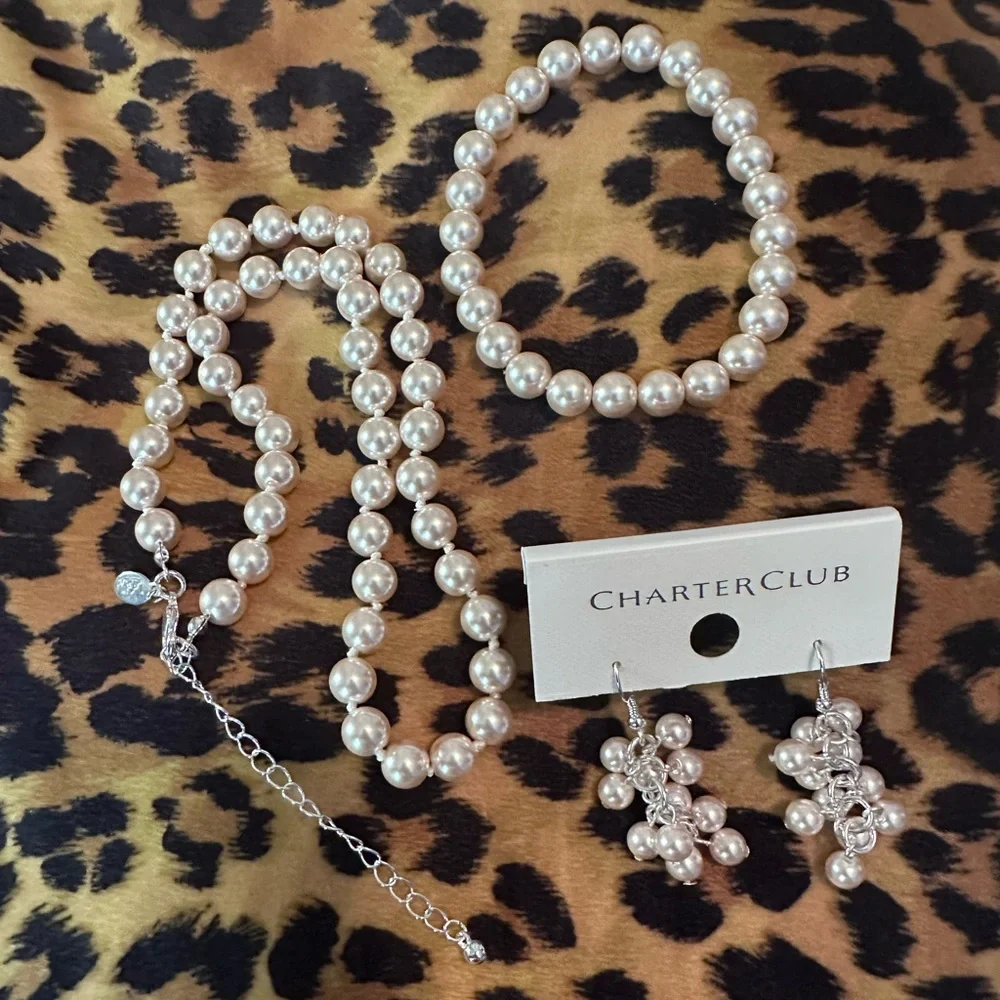 Vintage Joan Rivers Pearl Necklace & Bracelet + Charter Club Cluster Earring
